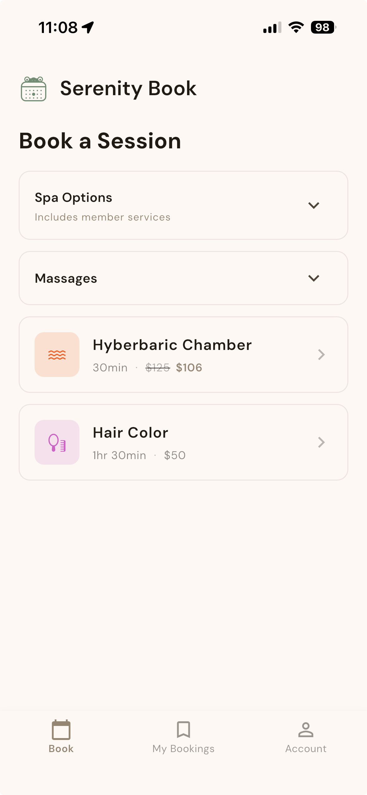 Aspen Wellness branded booking app showing the service selection screen