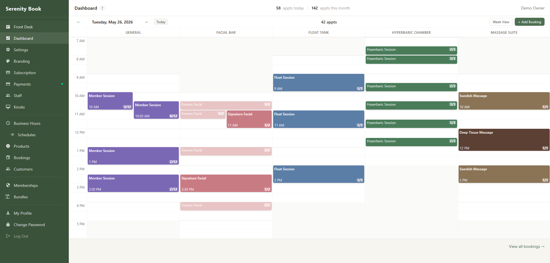 Serenity Book operator dashboard showing the daily scheduling view across multiple service rooms
